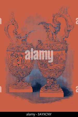 Deux urnes au design complexe avec des décorations ornées, avec des scènes de figures et des motifs complexes. Les urnes sont ornées de poignées élaborées en forme de créatures mythiques, mettant en valeur un mélange de styles artistiques. Silver Ewers, Wits Salvers, représentant les triomphes de Doria. Art classique du 17ème siècle avec une touche moderne réinventée par Artotop Banque D'Images