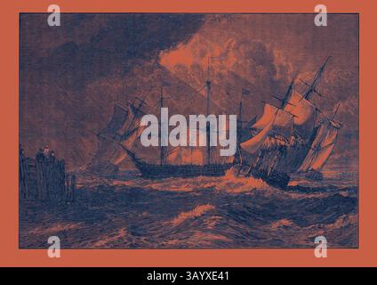 Un paysage marin spectaculaire représentant des navires battant contre des vagues tumultueuses, avec des voiles tourbillonnantes qui luttent contre les vents violents. La scène capture l'intensité de la lutte maritime, mettant en évidence la force et la résilience des navires maritimes dans un contexte orageux. Expédition de Turner's Liber Studiorum 1873 Art classique avec une touche moderne réinventée par Artotop Banque D'Images