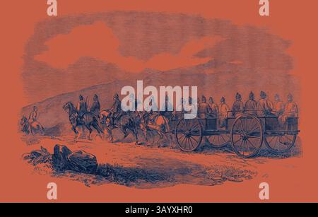 Un groupe de personnages montés et un chariot tiré par des chevaux traversent un paysage accidenté, avec des montagnes lointaines et un premier plan rocheux, illustrant une scène de mouvement et d'exploration. La mutinerie en Inde : train de transport terrestre de Peshawur Art classique avec une touche moderne réinventée par Artotop Banque D'Images