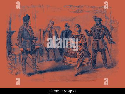 Un groupe de personnages élégamment habillés d'une période historique s'engagent dans la conversation, présentant des styles de vêtements complexes et des accessoires élaborés, dans un décor d'intérieur raffiné. La scène capture un moment d’interaction sociale dans un contexte culturel riche. Scène du nouvel Opéra de Balfe de la Rose de Castille au Lyceum Theatre Art classique avec une touche moderne réinventée par Artotop Banque D'Images