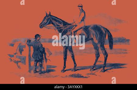 Un jockey s'assoit au sommet d'un cheval majestueux, prêt et prêt, tandis qu'un homme en tenue formelle se tient à proximité, tenant un manteau. La scène capture l’anticipation d’un événement de course, incarnant un moment de préparation et de camaraderie dans le monde des sports équestres. Le célèbre Race Horse Fisherman Classic art avec une touche moderne réinventée par Artotop Banque D'Images