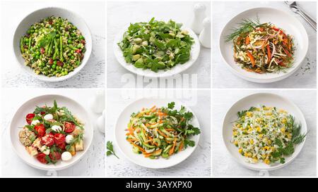 Variété de salades de légumes vives et saines servies dans des bols blancs. Idéal pour les thèmes diététiques, végétaliens ou végétariens. Collage de vue de dessus sur fond clair Banque D'Images
