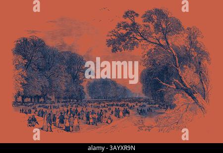 Un rassemblement animé en plein air se déroule, avec des gens se promenant dans un chemin bordé d'arbres. Un feuillage luxuriant encadre la scène, tandis qu'un horizon doux évoque un ciel étendu au-dessus. L'atmosphère dégage un sentiment de loisirs et de communauté. Kensington Gardens, le Broad Walk Art classique avec une touche moderne réinventée par Artotop Banque D'Images