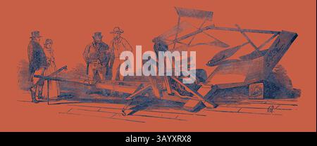 Un groupe d'individus se tient autour d'un grand morceau complexe de machines agricoles, observant sa conception et sa fonctionnalité. Les hommes sont habillés en tenue d’époque, tandis qu’une femme est également présente, soulignant un moment historique d’innovation agricole et de travail d’équipe. American Reaping machine, la Grande exposition art classique avec une touche moderne réinventée par Artotop Banque D'Images