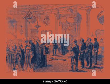 Une scène historique représentant un rassemblement formel dans une pièce opulente, où un groupe d'individus élégamment habillés écoute attentivement une figure centrale, délivrant probablement une adresse ou une décision importante, au milieu de décorations et de meubles élaborés. Le très honorable Earl Spencer K. G Lord Lieutenant d'Irlande organisant une réception d'État au château de Dublin 1869 Art classique avec une touche moderne réinventée par Artotop Banque D'Images