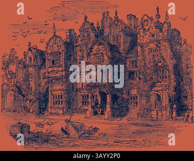 Un ancien manoir minutieusement détaillé orné de caractéristiques architecturales ornées, entouré d'une végétation luxuriante et d'oiseaux dispersés dans le ciel, évoque un sens de l'histoire et du mystère. Charles Dickens Barnaby Rudge 1841 illustration 19ème siècle Art classique avec une touche moderne réinventé par Artotop Banque D'Images