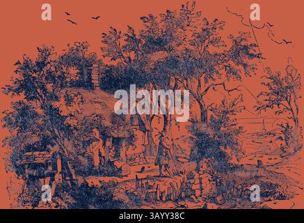 Un cottage pittoresque niché parmi les arbres luxuriants, bordé par un paysage serein. Les oiseaux s'élèvent dans le ciel, tandis que la scène évoque un sentiment de tranquillité et de charme rustique. Charles Dickens Barnaby Rudge 1841 illustration 19ème siècle Art classique avec une touche moderne réinventé par Artotop Banque D'Images