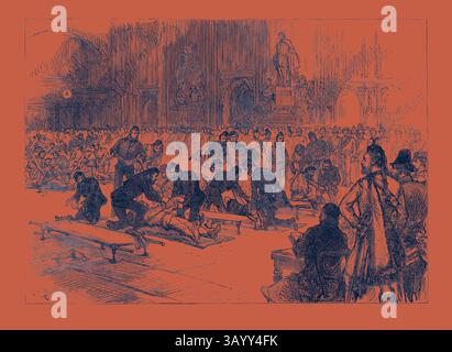 Scène animée représentant un événement historique où des individus reçoivent des soins médicaux au milieu d'une foule. On voit des professionnels de la santé travailler avec diligence sur les patients, mettant en évidence les thèmes de l’urgence et des soins dans un environnement complexe rempli de spectateurs. Exercice de Volunteer Ambulance corps à Guildhall 1880 Art classique avec une touche moderne réinventée par Artotop Banque D'Images