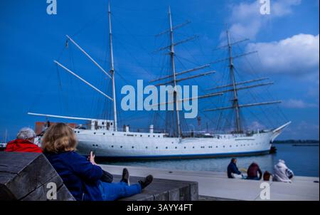 Stralsund, Allemagne. 23 avril 2025. Les vacanciers profitent du temps ensoleillé dans le port de la ville devant le voilier « Gorch Fock I » pour une pause détente. Le navire-école, qui a été construit pour la marine allemande, a été lancé à Hambourg en 1933 et est allé en Union soviétique en réparation après la fin de la guerre. En 2003, l'association 'Tall Ship Friends' a acquis le navire de l'Ukraine et l'a amené à Stralsund. Crédit : Jens Büttner/dpa/Alamy Live News Banque D'Images