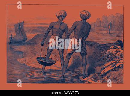 Deux individus se tiennent au bord de l'eau, vêtus d'une tenue traditionnelle, engagés dans une tâche. L'un tient un bol tandis que l'autre semble être en conversation. En arrière-plan, un paysage serein présente des personnages lointains et un petit bateau sur l'eau, suggérant un cadre côtier. La famine au Bengale : mode indien d'irrigation 1874 Art classique avec une touche moderne réinventée par Artotop Banque D'Images