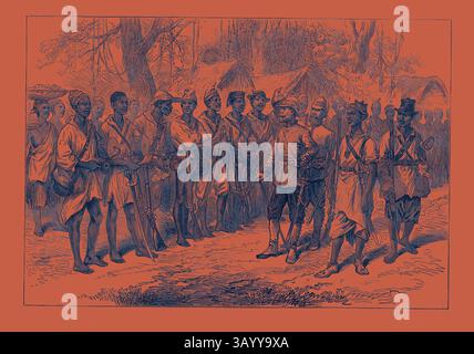 Un groupe d'individus, vêtus de vêtements d'époque, se tiennent debout dans un cadre boisé. Certains tiennent diverses armes, tandis qu'un personnage en uniforme s'engage avec elles. À proximité, des abris de fortune peuvent être vus, indiquant un contexte historique d'interaction ou de conflit. The Ashantee War : inspection des Kossohs au Prah-Su 1874 Art classique avec une touche moderne réinventée par Artotop Banque D'Images