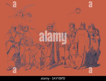 Une scène dramatique représentant un groupe de personnages, y compris des êtres angéliques et des individus majestueux en tenue historique, engagés dans un moment solennel ou cérémoniel, avec des symboles de divinité et d'orientation. The Star of Bethlehem Art classique avec une touche moderne réinventée par Artotop Banque D'Images