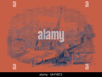 Un paysage serein représentant une scène de village avec des structures traditionnelles, y compris peut-être un temple, à côté d'une végétation luxuriante et de personnages se livrant à des activités quotidiennes. La composition évoque un riche patrimoine culturel et une coexistence pacifique avec la nature. La guerre birmane, la pagode Dagon, à Rangoon Art classique avec une touche moderne réinventée par Artotop Banque D'Images