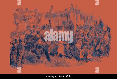 Une célébration animée se déroule dans une foule animée, mettant en vedette des gens en tenue historique, avec des bannières et des drapeaux agitant lors d'une procession festive, évoquant un sentiment de joie et de camaraderie au milieu d'une architecture élaborée. Le Tour du Président : Louis Napoléon à Aix, les Jeux de la Fete-Dieu, 1852 Art classique avec une touche moderne réinventée par Artotop Banque D'Images