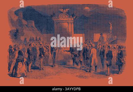 Une scène historique représentant un rassemblement formel, où des individus distingués s'engagent dans une conversation près d'un monument orné. L'atmosphère est remplie de solennité et de tradition, soulignant l'importance de l'événement marqué par la présence de militaires et de dignitaires. Présentation des clés de Grenoble au Président de la République, 1852 Art classique avec une touche moderne réinventé par Artotop Banque D'Images