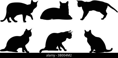 Collection de six silhouettes de chat noir dans diverses poses sur un fond blanc de mise en page Illustration de Vecteur