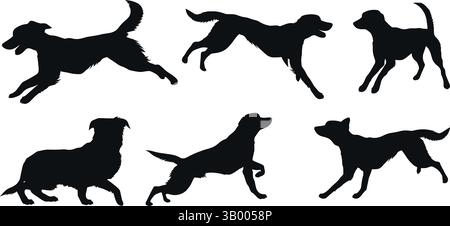 Collection de silhouettes de chiens dans diverses poses sur fond blanc, chiens en mouvement et debout Illustration de Vecteur