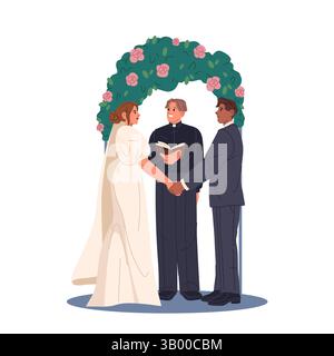 Couple de mariage à l'autel avec prêtre à la cérémonie. Vecteur mariée et mariée échangent vœu et bague. Mariage romantique ou moment d'amour ou engagement. Illustration de Vecteur