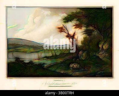 Un paysage serein avec un lac serein bordé de collines ondulantes et d'arbres accidentés, avec une douce lueur de lumière illuminant la scène. Les courbes douces et les lignes vives créent une qualité onirique, invitant les spectateurs à explorer le cadre tranquille., Art classique avec une touche moderne réinventée par Artotop Banque D'Images