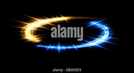 Découvrez un tourbillon d'énergie dynamique composé de bleu brillant et de couleurs dorées chatoyantes sur un fond noir Illustration de Vecteur