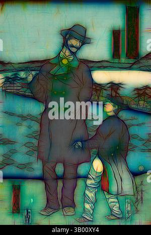 Une scène surréaliste avec deux personnages, l'un dans un long manteau et un chapeau, debout dans un paysage fantaisiste aux formes abstraites et aux couleurs vibrantes. L'arrière-plan comprend des collines stylisées et un motif complexe sous les pieds, créant une atmosphère d'intrigue et de qualité onirique., art classique avec une touche moderne réinventée par Artotop Banque D'Images