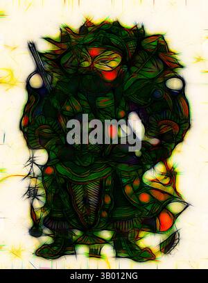 Une figure stylisée, ornée d'une armure élaborée, se tient en toute confiance avec une arme à la main. Le personnage rayonne un sentiment de force et de mystère, orné de motifs complexes et de reflets vibrants qui apportent une énergie dynamique à la composition., Art classique avec une touche moderne réinventée par Artotop Banque D'Images