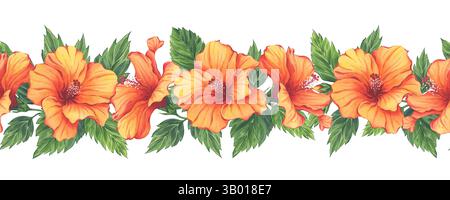 Bordure florale d'hibiscus orange tropical en technique d'aquarelle Banque D'Images