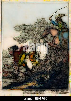 Une scène dynamique représentant une figure à cheval, brandissant un fouet alors qu'ils poursuivent une figure en fuite à travers un paysage accidenté, caractérisé par des lignes tourbillonnantes et des couleurs vibrantes qui créent un sentiment de mouvement et de tension., Art classique avec une touche moderne réinventée par Artotop Banque D'Images