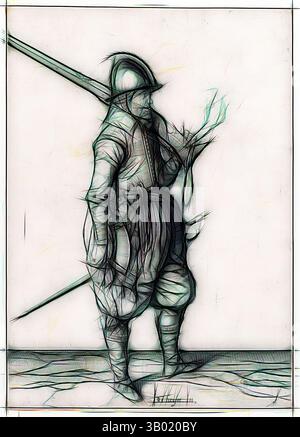 Une figure stylisée d'un soldat se tient en confiance, tenant une lance et faisant légèrement face sur le côté. La figure est ornée de vêtements historiques, avec des lignes et des motifs proéminents qui soulignent la texture et le mouvement des vêtements. L'arrière-plan est simple, focalisant l'attention sur la posture et l'équipement du soldat., art classique avec une touche moderne réinventée par Artotop Banque D'Images