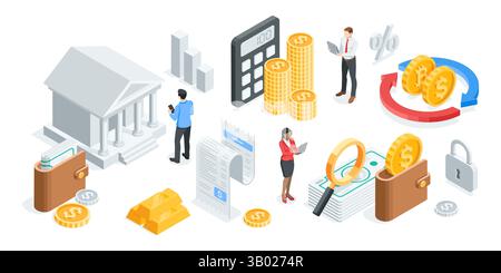 concept d'affaires vectoriel isométrique avec des personnes et des icônes d'argent avec la banque et le calendrier, en couleur sur fond blanc, dépôt et argent ou financier Illustration de Vecteur