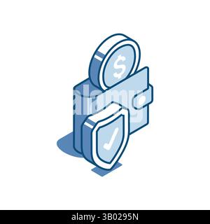 Icône linéaire vectorielle isométrique du portefeuille et du bouclier avec coche, en couleur sur fond blanc, protection de l'argent en ligne ou stockage d'argent sûr Illustration de Vecteur