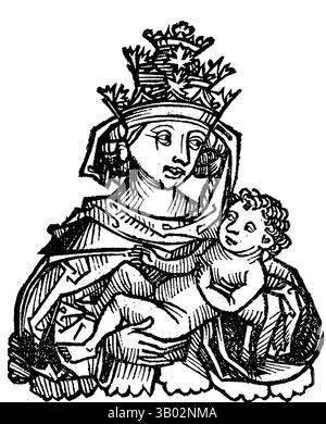 Le pape Jeanne. Illustration, intitulée Joannes Septimus, gravure sur bois tirée d'un manuscrit de 1493. Le pape Jeanne (Ioannes Anglicus, 855-857) est une femme qui aurait régné comme pape pendant deux ans au moyen âge. Son histoire est apparue pour la première fois dans des chroniques au XIIIe siècle et s'est ensuite répandue dans toute l'Europe. L'histoire a été largement cru pendant des siècles, mais la plupart des érudits modernes la considèrent comme fictive (Wikipedia) Banque D'Images