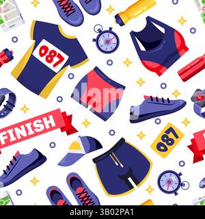 Vêtements de sport multicolores, chaussures et accessoires de fitness. Motif de course à pied sans coutures pour marathon. Illustration de dessin animé plat vectoriel. Imprimé textile tendance Illustration de Vecteur