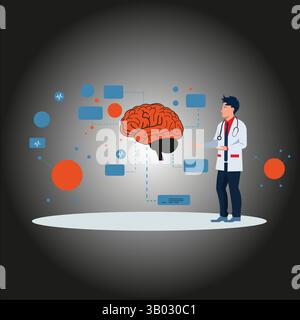 Médecin présentant une infographie montrant les fonctions du cerveau humain en utilisant une interface futuriste. Illustration de Vecteur