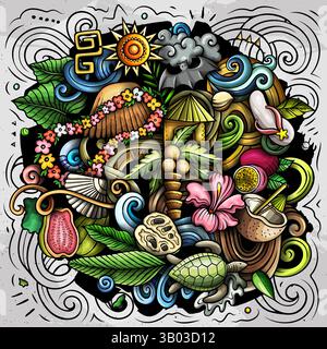 Illustration maquette vectorielle de dessin animé Hawaï. Composition détaillée colorée avec beaucoup d'objets et de symboles hawaïens. Tous les éléments sont séparés Illustration de Vecteur