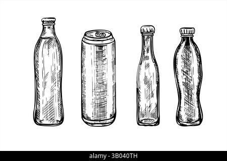 Les bouteilles en verre monochromes de vecteur et la boisson en aluminium peuvent définir l'illustration d'encre de ligne en noir et blanc. Dessin de gravure de bouteilles pour l'eau, jus Illustration de Vecteur