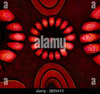 Un design vibrant et abstrait présente des cercles concentriques rayonnant à partir d'un point central, entourés de motifs complexes et d'une teinte rouge frappante qui améliore la composition dynamique., Un design vibrant et circulaire avec des motifs rouges et noirs audacieux, agrémentés de motifs tourbillonnants et d'une série de formes saisissantes qui ressemblent à des yeux. L’effet global est à la fois captivant et complexe, attirant l’attention du spectateur dans sa structure détaillée. Art classique avec une touche moderne réinventé par Artotop, ornement égyptien transformé, art classique avec une touche moderne réinventé par Artotop Banque D'Images