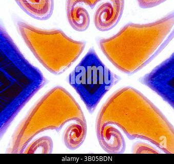 Des motifs géométriques complexes s'entrelacent, avec des teintes orange vives et bleu profond, créant un design dynamique et accrocheur. Les tourbillons et les angles vifs se mélangent, ajoutant une sensation de mouvement et de complexité., Une pièce décorative circulaire présentant des motifs complexes de coeurs orange, de diamants bleus et de motifs tourbillonnants, le tout sur un fond lumineux. Art classique avec une touche moderne réinventé par Artotop, ornement égyptien transformé, art classique avec une touche moderne réinventé par Artotop Banque D'Images