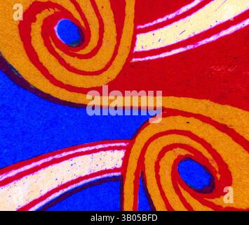 Des tourbillons vibrants de rouge, bleu et or s'entrelacent, créant un motif dynamique et énergique qui attire le regard avec son contraste audacieux et ses formes fluides., Un design vibrant avec des motifs tourbillonnants en rouge, bleu et orange, entrecoupés de bandes horizontales. La composition crée un effet visuel dynamique et énergique. Art classique avec une touche moderne réinventé par Artotop, ornement égyptien transformé, art classique avec une touche moderne réinventé par Artotop Banque D'Images