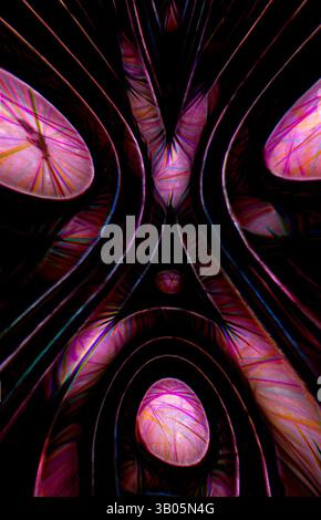 Une collection fascinante de formes tourbillonnantes et allongées dans des teintes vibrantes, ressemblant à une représentation abstraite de formes organiques et de textures complexes, évoquant une sensation de mouvement et de profondeur., Un design stylisé ressemblant à un masque tribal, avec des lignes complexes et des éléments circulaires, avec une combinaison de noir profond et de teintes violettes vibrantes créant un contraste saisissant. Art classique avec une touche moderne réinventé par Artotop, ornement arabe transformé, art classique avec une touche moderne réinventé par Artotop Banque D'Images