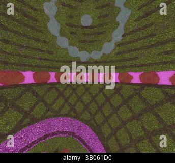 Un motif vibrant et complexe composé de différentes couleurs et formes, avec des motifs tourbillonnants et des cercles concentriques créés à partir de ce qui semble être du gazon artificiel ou une surface texturée. L'arrangement met en valeur des lignes ludiques et des teintes contrastées, attirant le regard sur sa composition dynamique., Un design circulaire avec des motifs complexes dans les tons de vert, violet et gris, mis en évidence par des formes géométriques et des tourbillons qui créent une composition visuellement captivante. Art classique avec une touche moderne réinventé par Artotop, ornement indien transformé, art classique avec une touche moderne Banque D'Images