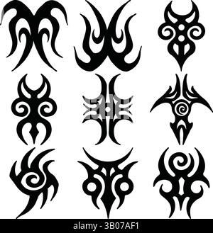Motifs de tatouage tribal : symboles ethniques, Art abstrait et motifs décoratifs Illustration de Vecteur