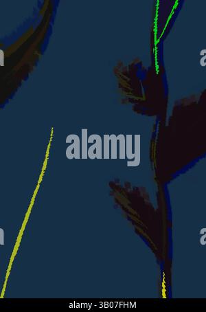 Une représentation abstraite avec des lignes fluides et des formes organiques, avec des nuances de bleu foncé contrastant avec des verts et des jaunes vibrants, créant une sensation de mouvement et de profondeur. Les silhouettes de plantes délicates se dressent sur un fond profond et riche, leurs formes complexes mises en évidence par des reflets doux et lumineux qui ajoutent de la profondeur et de la texture à la composition. Art classique avec une touche moderne réinventé par Artotop, transformé Lolium Italicum, Rye-Grass italien, art classique avec une touche moderne réinventé par Artotop Banque D'Images