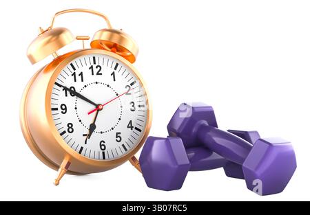 Temps de remise en forme, concept. Sonnettes violettes pour la musculation avec réveil. Rendu 3D isolé sur fond blanc Banque D'Images