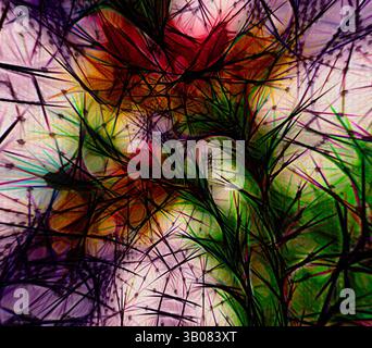 Une composition abstraite vibrante avec des éléments floraux entrelacés au milieu d'un réseau chaotique de couleurs et de lignes, créant une sensation de profondeur et de mouvement., Un design circulaire avec un arrangement floral complexe entouré d'un motif géométrique texturé, mettant en valeur des couleurs vibrantes et des lignes dynamiques qui ajoutent de la profondeur et de la vivacité à la composition. Art classique avec une touche moderne réinventé par Artotop, tissus français transformés, première moitié du XIXe siècle, art classique avec une touche moderne réinventé par Artotop Banque D'Images