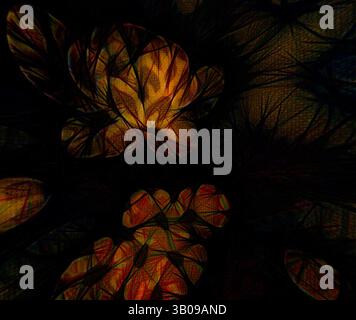 Un arrangement complexe de feuilles stylisées et de motifs floraux, avec des éclats vibrants de couleurs au milieu de fonds plus sombres et texturés, créant un sentiment de profondeur et de complexité., une représentation abstraite de fleurs et de feuillages délicats, entourés d'éléments sombres et texturés qui créent un sentiment de profondeur et de mystère. La composition présente des formes fluides et un mélange de couleurs douces, évoquant une qualité onirique. Art classique avec une touche moderne réinventé par Artotop, tissus français transformés, première moitié du XIXe siècle, art classique avec une touche moderne réinventé par Artotop Banque D'Images