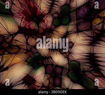 Un motif complexe de formes pointues et de couleurs vibrantes s'entrelacent, créant une expérience visuelle complexe et texturée qui attire le regard dans un design chaotique mais harmonieux., Un design circulaire avec un réseau complexe de lignes et de textures, avec un mélange de tons terreux et de formes abstraites créant un motif visuellement captivant. Art classique avec une touche moderne réinventé par Artotop, tissus français transformés, première moitié du XIXe siècle, art classique avec une touche moderne réinventé par Artotop Banque D'Images