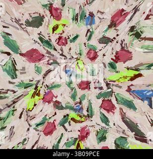Une explosion vibrante de roses dans les tons de rouge et de rose, entourées de feuilles vertes vives, crée une composition florale dynamique et énergique qui attire le regard dans de multiples directions. Les motifs concentriques ajoutent de la profondeur, faisant que les fleurs semblent tourbillonner autour d'un point central., Un arrangement circulaire avec un motif vibrant de feuilles et de fleurs colorées, créant un design vivant et texturé qui attire le regard. Art classique avec une touche moderne réinventé par Artotop, tissus français transformés, première moitié du XIXe siècle, art classique avec une touche moderne réinventé par Artotop Banque D'Images