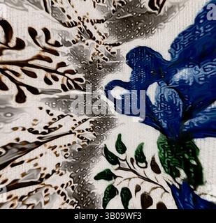Une fleur bleue éclatante se distingue sur un fond complexe de feuillage délicat et tourbillonnant, créant un contraste captivant entre éléments audacieux et subtils., une assiette décorative aux motifs floraux complexes avec une fleur bleue proéminente entourée de tons terreux et de motifs de feuillage délicats. Art classique avec une touche moderne réinventé par Artotop, tissus français transformés, première moitié du XIXe siècle, art classique avec une touche moderne réinventé par Artotop Banque D'Images