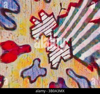 Un arrangement abstrait de formes et de motifs colorés, avec des formes ludiques et des textures contrastées qui créent un intérêt visuel dynamique., Un motif circulaire présente un mélange ludique de formes abstraites dans des couleurs vibrantes, y compris des contours de figures et de formes organiques, superposés sur un fond chaud et texturé. Art classique avec une touche moderne réinventé par Artotop, tissus français transformés, première moitié du XIXe siècle, art classique avec une touche moderne réinventé par Artotop Banque D'Images
